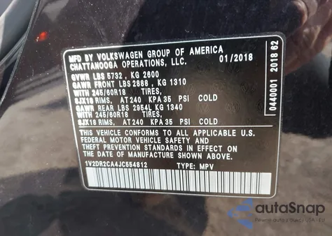2018 Volkswagen Atlas 3.6L V6 Se/3.6L V6 Se W/Technology from USA, damaged, VIN 1V2DR2CA4JC554812